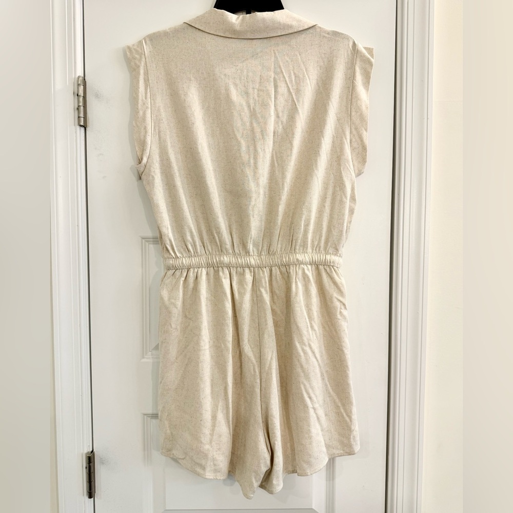 Beige Linen Blend Short Sleeve Romper with Button Front Drawstring Waist Size L - Picture 4 of 9